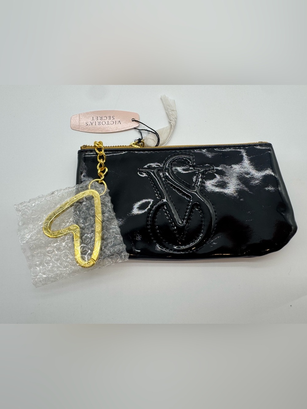 Victoria's Secret Black Patent Wristlet with Gold Chain Accent